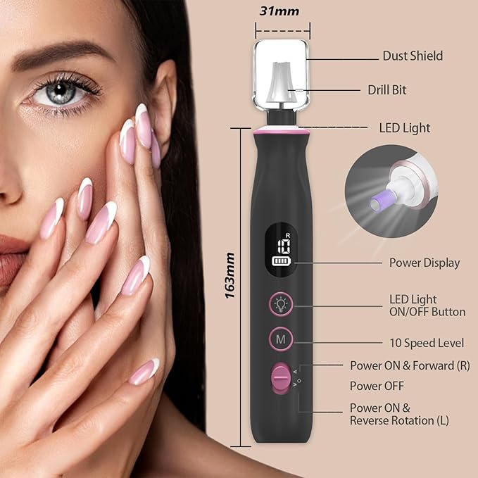 Electric Nail File, 10 Speeds Cordless Nail Drill with LED Light, Portable Manicure Pedicure Kit for Acrylic Gel Nails Thick Toenails Nail Grind, Hand Natural Nails Care - 10 Bits & 120 Sanding Bands