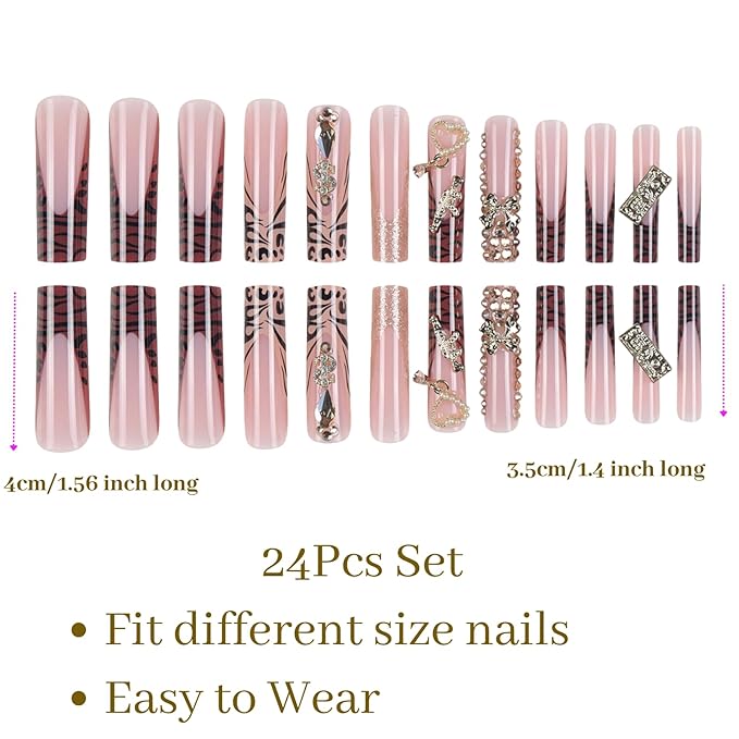 XL Junk Nails Press On – 24Pcs Gold Charm False Nails, French Tip Long Coffin Shape DIY Fake Nails for Women, Bling Rhinestones Nail Kit for Baddie Nail Look (Designs, long pink)
