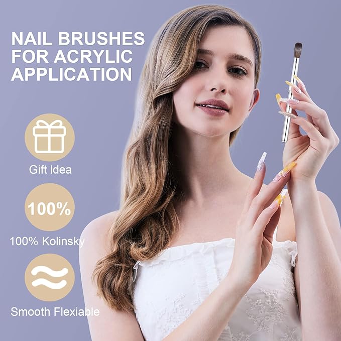 Acrylic Nail Art Brush Size 16, 100% Pure Kolinsky Hair Oval for Application, Professional Extension Manicure Tool Striping Drawing Pen DIY Home Salon, Silver, 1.0 Count