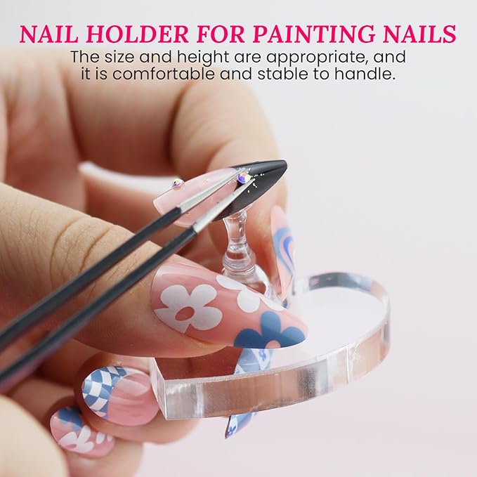Wooden Stand for Nails Art Display Practice 2 Set, 1 Heart Shaped Acrylic Magnetic Nail Stand, Fake Nail Holder with 200 Pieces Double-sided Tape, For Home DIY Salon Supplies (Walnut, Large)