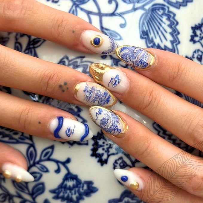 ARYANA NEW YORK Press On Nails - Handmade, Reusable, Luxury Almond Shape, Blue Dragon Chinese Pottery Collection - (Small)