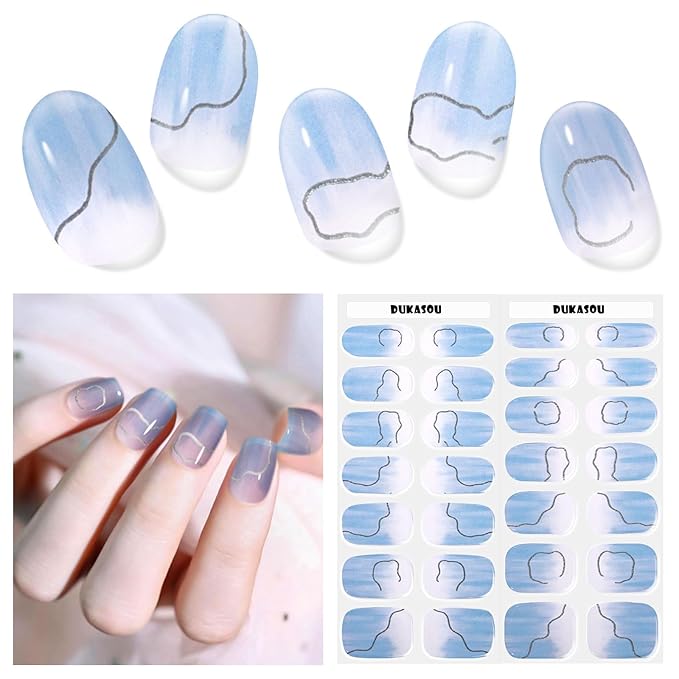 Semi Cured Gel Nail Strips, 28 pcs Gel Nail Stickers Work with Any UV Lights, Long-Lasting Nail Wraps, Stick on Nails for women Easy to Apply & Remove