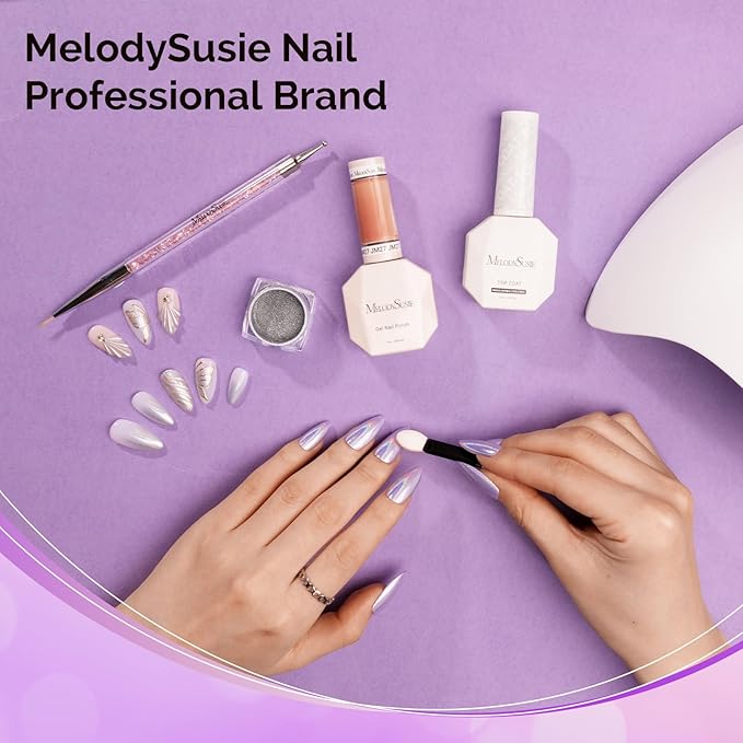 MelodySusie Chrome Nail Powder for Gel Nails,Holographic Laser Silver Metallic Mirror Effect Pigment Stylish Fine Glitter for Home DIY Salon Use Visit The MelodySusie Store