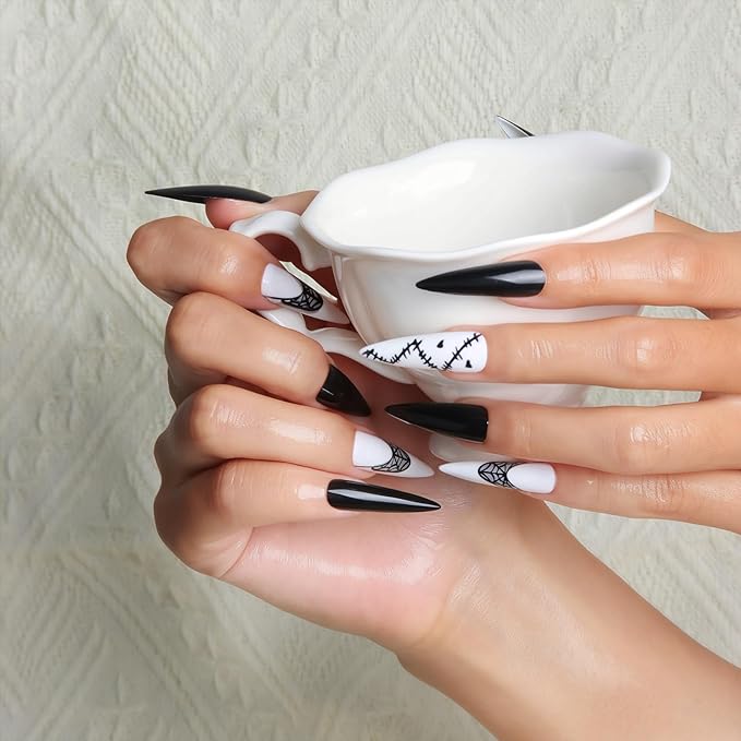 24pcs White and Black Blood Long Almond Press On Nails with Cobweb and Wound for Themed Costumes, Reusable Nail Kit with Adhesive Tabs, 12 Sizes (White and Black)