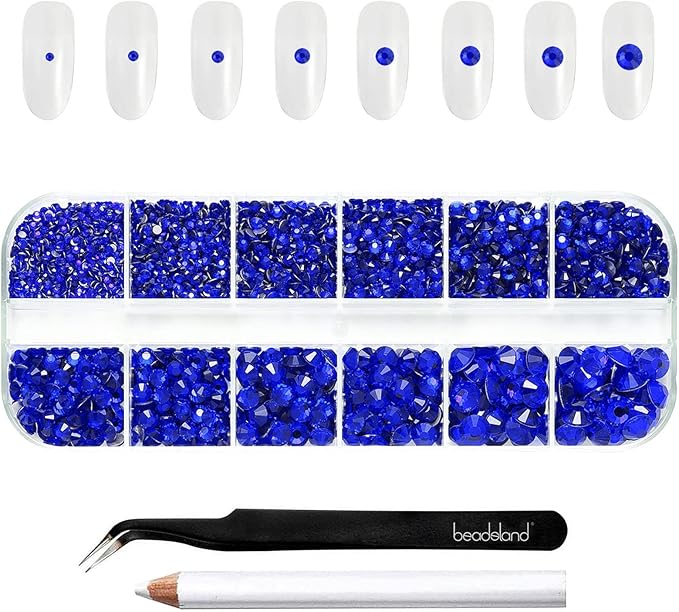 Beadsland Rhinestones for Makeup,8 Sizes 2500pcs Blue Flatback Rhinestones Face Gems for Nails Crafts with Tweezers and Wax Pencil,Sapphire,SS4-SS30