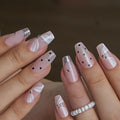 Curvlife Press On Nails Medium Coffin Pink - Black White Polka Dot Press on Nails with Glue, Heart Diamond Glitter Glossy Nude Pink Fake Nails Long Lasting False Nail Tips for Women