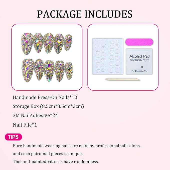 Handmade Press on Nails Luxury Reusable Fake Nails Medium Almond Stick on Nail Full 3D Colorful Diamonds Rhinestone Art Design Thicked Unique Acrylic Nail Manicure Kit for Women (S)