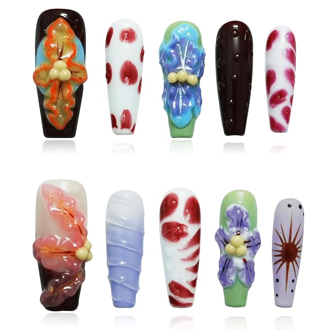 Long Coffin Press On Nails with 3D Floral Design - Summer Multicolor Thick Luxury False Nails Reusable Acrylic Nails (Summer Stories,L)