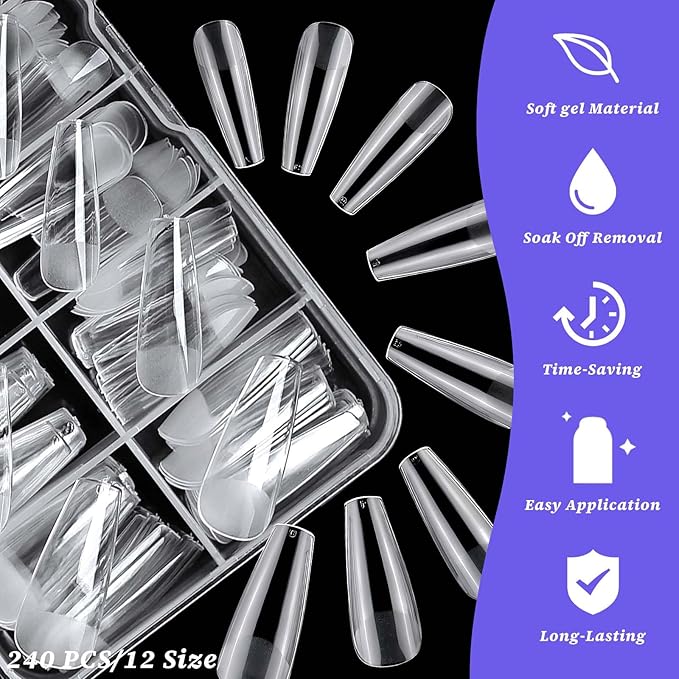 240pc Coffin Gel Nail Tips Long Fake Nails Clear Press ons Nail, Long Coffin Nails Tips Acrylic Nails Extension Soft Gel Nails Tip Full Cover Ballerina False Nail Clear Artficial Fingernails