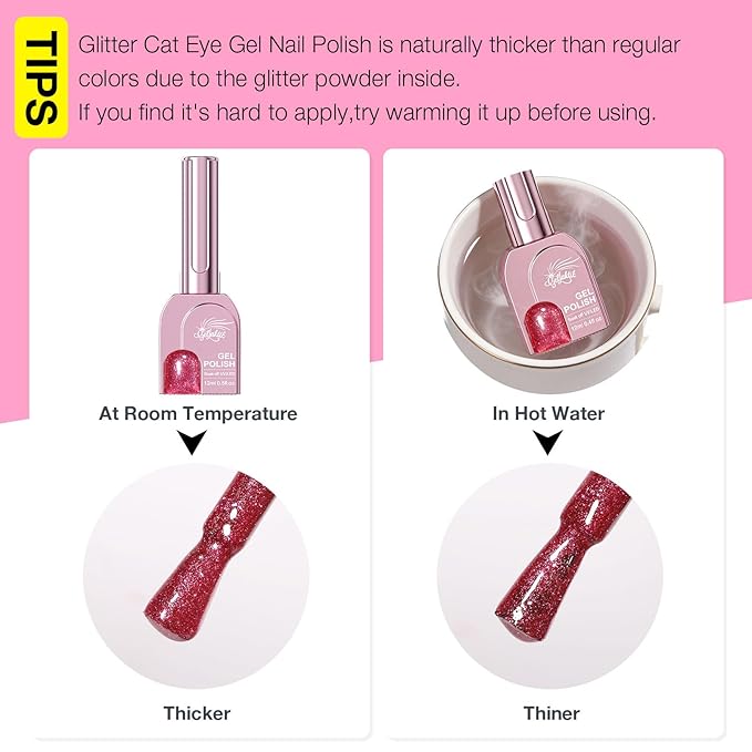 Ruby Pink Cat Eye Gel Nail Polish with Magnetic Stick - 12ML Glitter Magnetic Nail Polish for Multiple 3D Effects, Soak Off UV LED Gel Polish for DIY Manicure Salon Gifts for Women