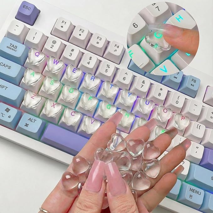 110pcs Keyboard Bubbles for Long Nails, Ergonomic Height Raised Glass Heart Key Covers, No-Residue, Reusable, Easy to Apply, for Desktop Keyboards, External Keyboards, Calculators