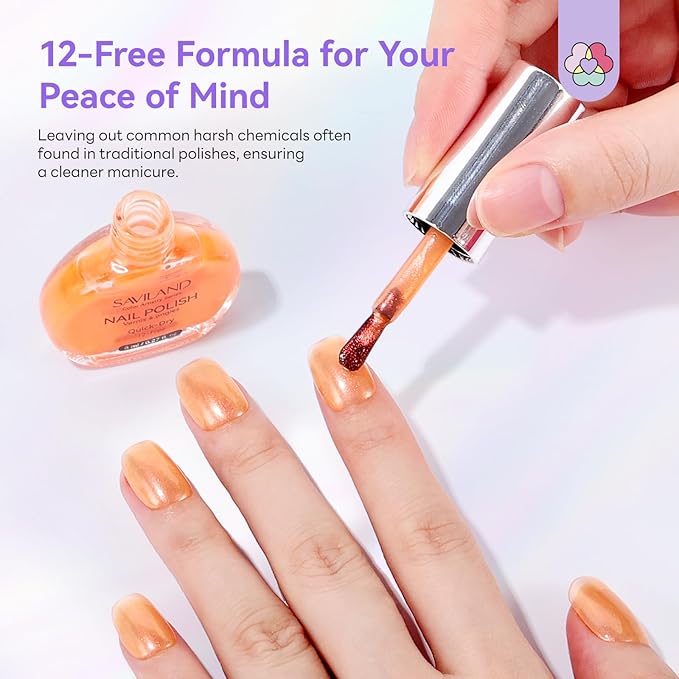 SAVILAND Nail Polish Set: Quick Dry Nail Polish 12-Free Colors Glitter Nails Polish Mermaid Pearl Top Coat Polish for Women Girls Clean Nails Nail Art DIY Home Gift