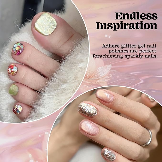 ADHERE Glitter Sequins Gel Nail Polish Set, 7 Colors Holographic Sparkle Sequins Gel Polish with Brush,Silver Champagne Gold Manicure Diy Nail Art Soak Off UV LED for Home Salon