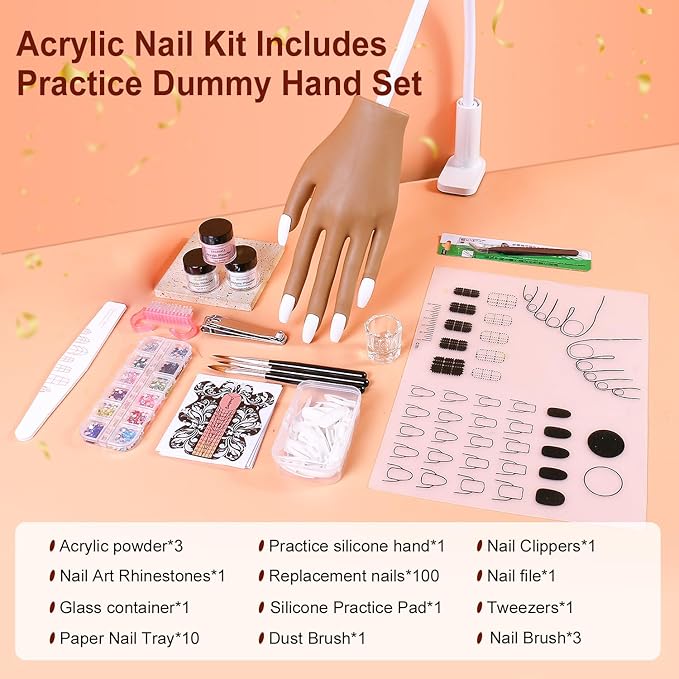 Practice Hand for Acrylic Nails, Acrylic Nail Training Mat , Manicure Trainng Hand Nail Kit for Beginners,Movable Nail Maniquin Hand with 50PCS Nail Tips,Acrylic powder, Brush and Clipper(Brown)