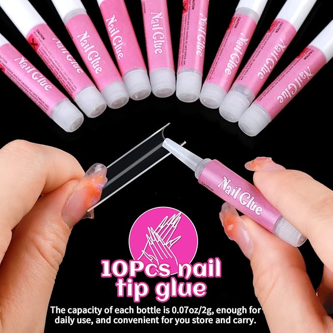 HNYYZL Extra Long Square ABS False Nail Tips, 240Pcs Kit with C Curve, Nail Glue, File for Salon Home DIY