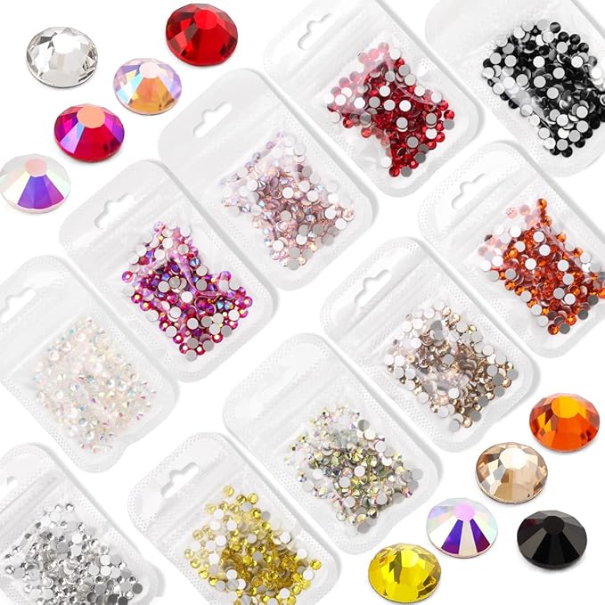 Novani Mix 10 Colors Rhinestones for Crafts Round Crystal Glass Flatback Gems and Rhinestones for Nails Art Makeup Bags Shoes Decoration DIY(SS10, 1440pcs, Mix Color 1)
