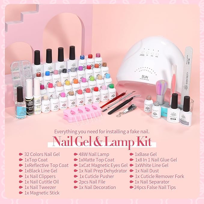 BORN PRETTY 77PCS Gel Nail Polish Starter Kit With U V/LED kit for Beginners 48W 32Colors Nude Pink Cat Magnetic Eyes Glitter Set Reflective Base Top Coat Liner Art Manicure Ideal Gifts