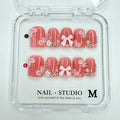 Handmade Press on Nails Short Square Fake Nails Rhinestones False Nails 3D Bow Flower Artificial Acrylic Thick Stick on Nails Handmade for Women Manicure Art Decorations (Size M)