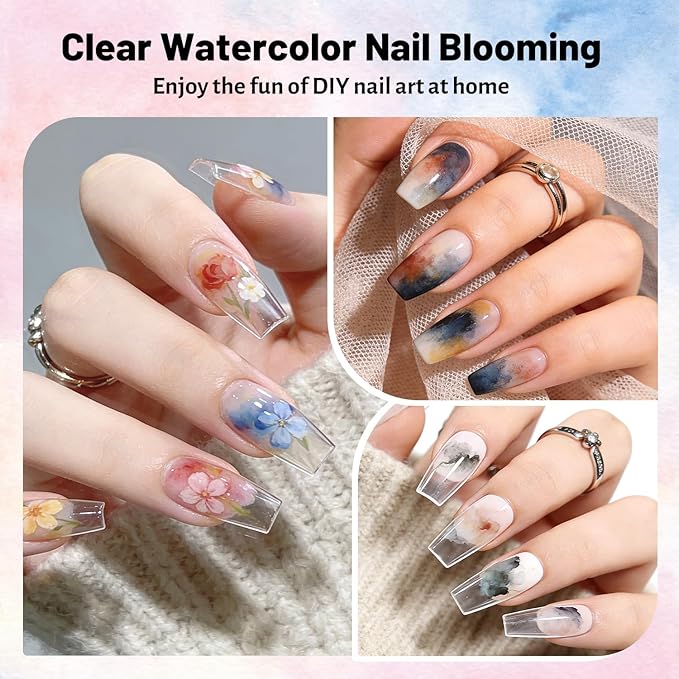 JODSONE Marble Nail Polish, Blooming Gel Marble Ink for Nails 12 Colors Blue Purple Pink Ink Magic Watercolor Blooming Marble Effects Gel Nail Polish at Home DIY Nail Art Flower Design