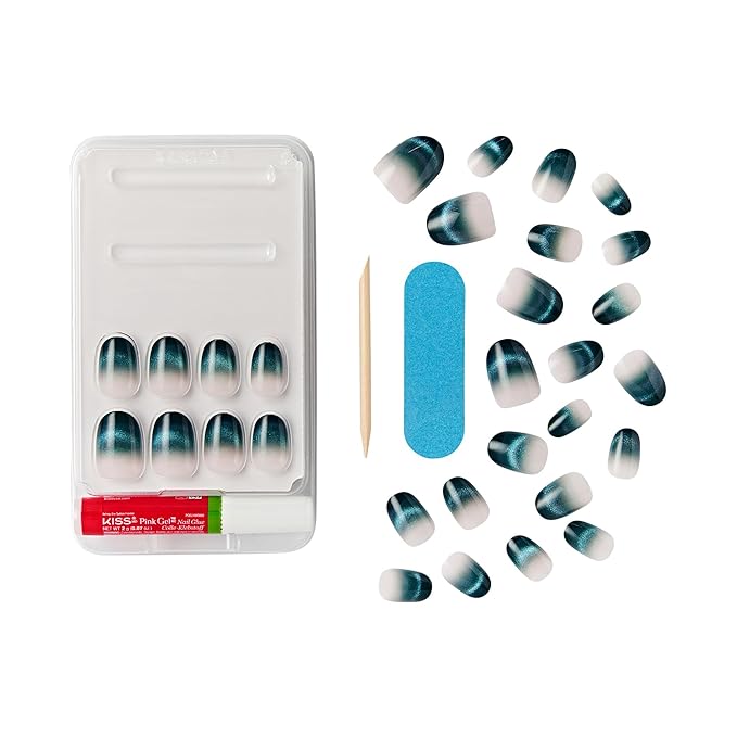 WICKED X KISS Press On Nails, ‘Don't Hide Your Magic’, Green, Short Oval, Waterproof, Chip Proof, Smudge Proof, 28 Fake Nails, Pink Gel Nail Glue (2g), Mini Nail File, & Manicure Stick