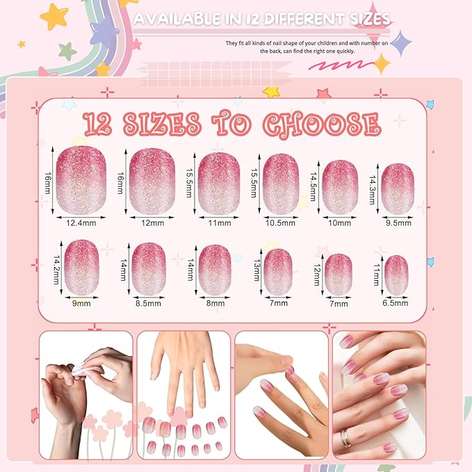 120pcs Girls Press on Nails for Kids - Children Short Fake Artificial Nails,Glitter Kids False Sticky Nails with Nail Glue Tabs