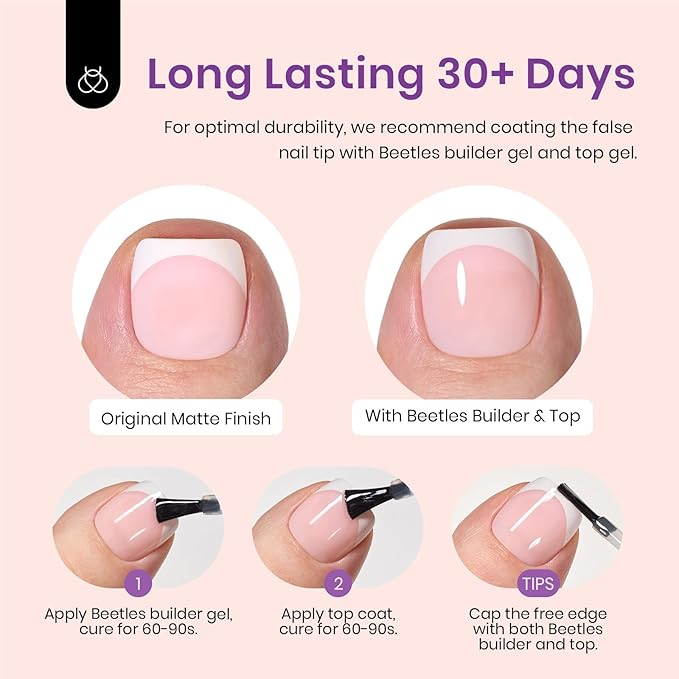 Beetles X Press Plus French Tip Toenails - Ivory French | Pink Short Square Press On Toe Nails | 252 Pcs 18 Sizes Natural Salon Quality Gel Nail Tips
