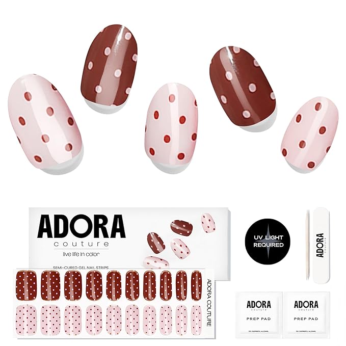 Semi-Cured Gel Nail Strips - 20 Salon-Quality Gel Sticker with UV Light Required, Long Lasting, Easy Application & Removal, Includes Prep Pad, Nail File, Wooden Stick (Dots Deluxe)