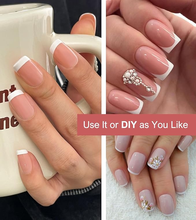 Morily Light Pink White French Tip Press on Nails - Medium Square Fake Nails Upgrade 15 Sizes Thicker False Nails with Designs Reusable Acrylic Stick on Nails for Women, 30 PCS, Include Glass File
