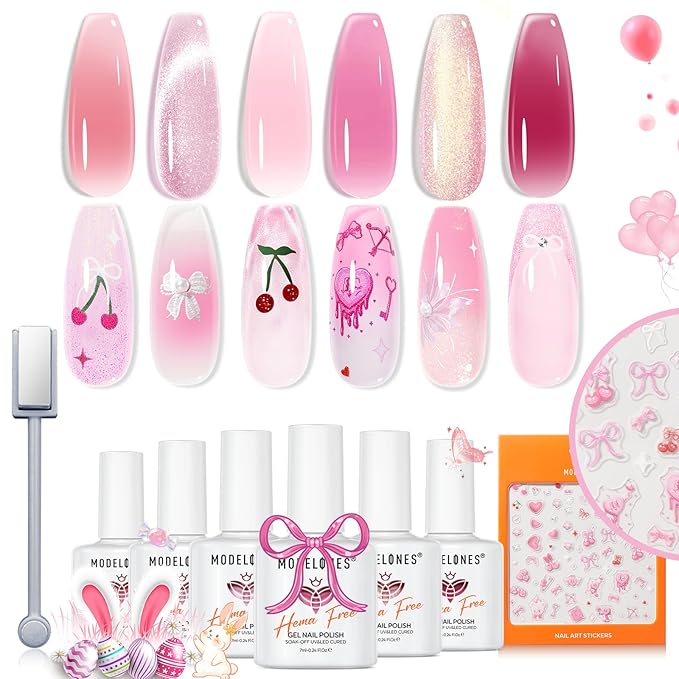 modelones Pink Gel Polish Set, Hema Free Light Pink Cat Eye Gel Polish Jelly Glitter Nude Hot Pink Pastel Nail Polish 6 Colors 2026 Spring Easter LED Nail Art DIY Gift with Magnet&Love-heart Stickers