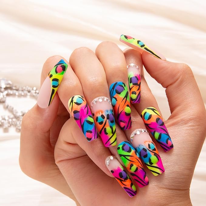 LOVFUL Press on Nails Illusion | Handmade with Full Covered Crystals | Reusable Fake Nails | Coffin Classic Regular 1.3 in | H123-L