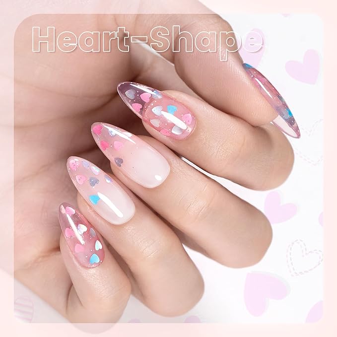 RARJSM Nude Clear Pink Heart Shape Glitter Gel Nail Polish Pink Holographic Laser Rainbow Effect Sparkle Shimmer Jelly Gel Polish Glossy Shine 8ml Soak Off Curing Need Home Salon DIY Nail Art Design