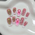 Squoval Press on Nails Medium - White French Tips with 3D Cross & Floral Lace, Reusable & Handmade False Nails for Edgy Everyday Wear | Sweet Gothic Style(L)