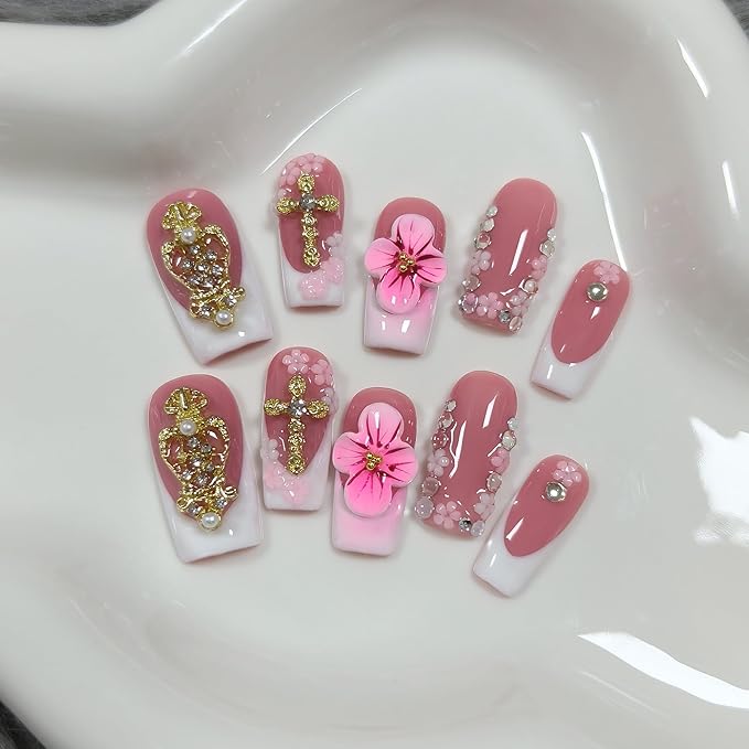 Squoval Press on Nails Medium - White French Tips with 3D Cross & Floral Lace, Reusable & Handmade False Nails for Edgy Everyday Wear | Sweet Gothic Style(M)