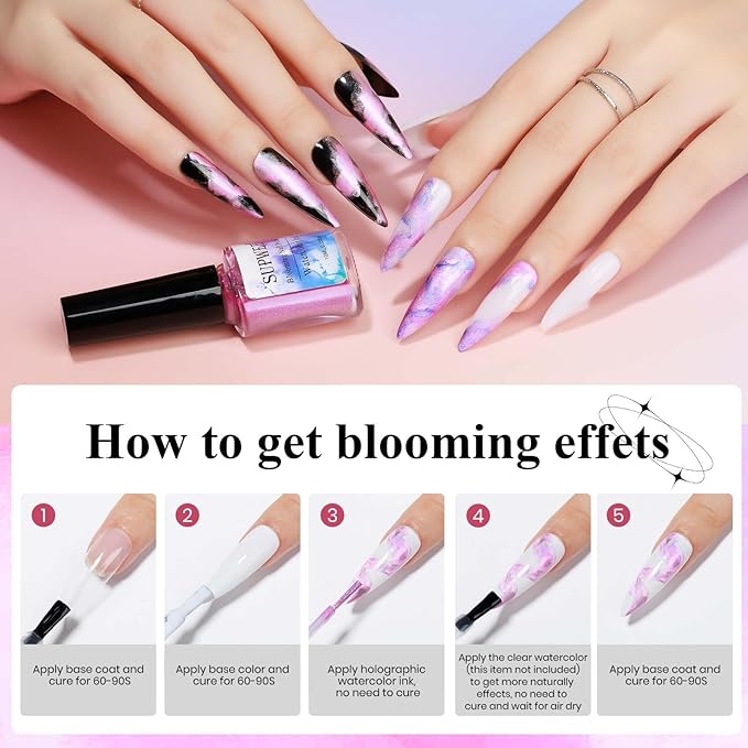 2 In 1 Marble Nail Polish and Holographicge Nail Polish Marble Watercolor Ink Nails Painting Blooming Gel Polish Nails Art Design 001