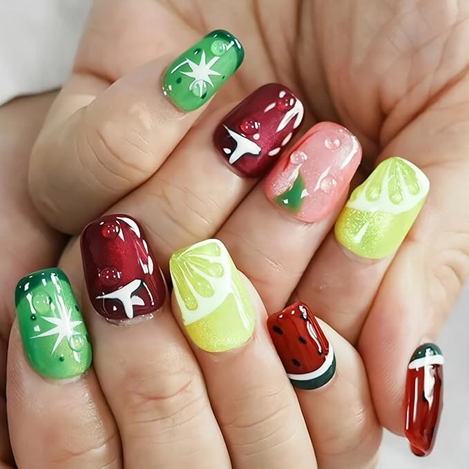 Glitter Press on Nails Short Coffin Summer Fruit Nails Cateyes with 3D Water Drop, Hand-painted Watermelon & Lemon Art, Reusable Acrylic Full Cover Fake Nails, 10pcs (Fruit Party,L)