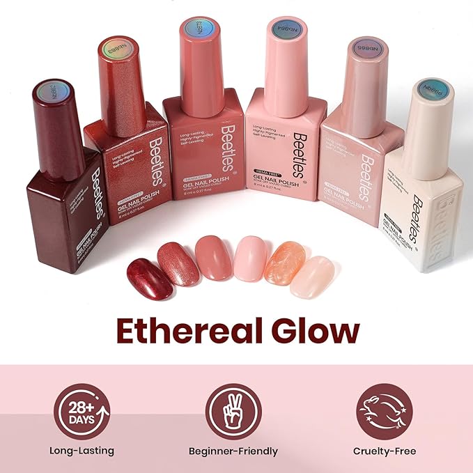 Beetles 22 Pcs HEMA-Free Gel Nail Polish Kit with U V Light - 6 Color Pink Nude Red Pearl White Gel Polish Set Ethereal Glow Gift-Ready Package DIY Salon Portable Manicure Kit Women Girls Teens Gifts