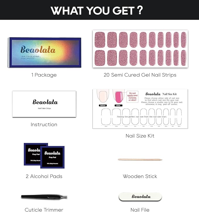 Semi Cured Gel Nail Strips - UV Light Gel Nail Stickers - 20 Long Lasting Salon Quality Wraps (Twilight Pink Glitter)