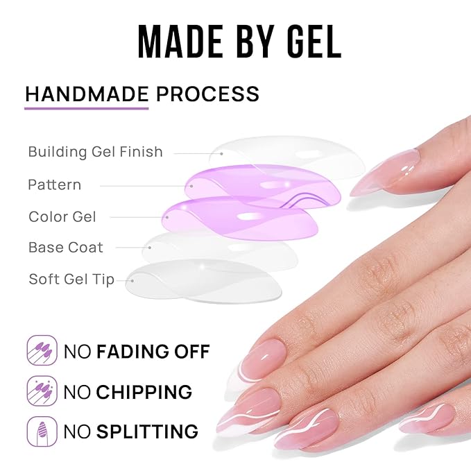 BTArtbox Press On Nails Medium - Soft Gel French Tip Press On Nails, Almond Glue On Nails with Nail Glue, Reusable Stick On Nails in 15 Sizes, White Swirl