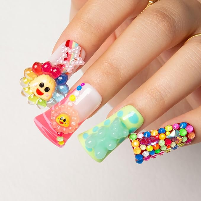 LOVFUL Press on Nails Lovkashi Flower | Handmade with Full Covered Crystals | Reusable Full Cover Nails | Duck Classic Regular 1.3 in | H65-M