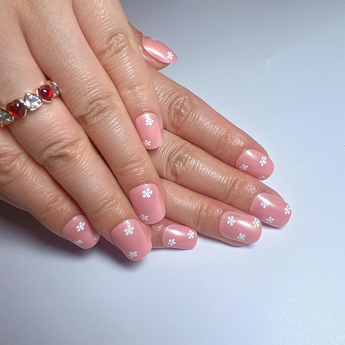 24 Pcs Press on Nails Square Short Fake Nails with Flower Design Acrylic Nails Full Cover Artificial Glue on Nails Reusable Nail Tips Nude Glossy Stick on Nails Manicure Art for Women