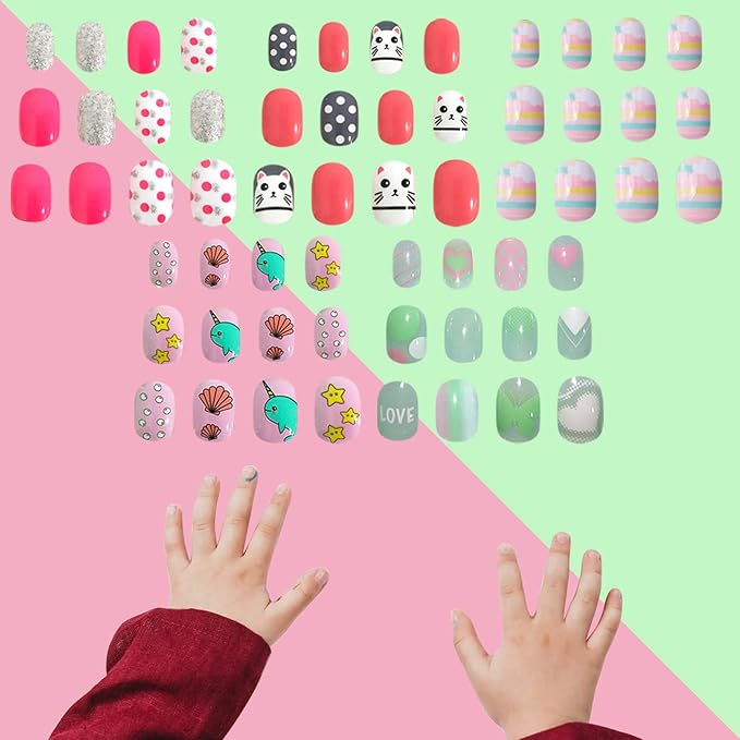 SIUSIO 120 Pcs 5 Pack Children Acrylic Fake Nails Press on Pre-glue Full Cover Glitter Gradient Color Rainbow Short False Nail Art Kits Set Stick on Nails for Kids Little Girls - Pink Hamster