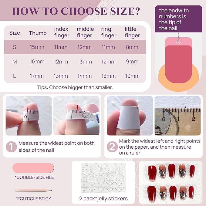 Fake Nails Set Red Medium Square Bling Glossy Rhinestone False Nail Tips, Press On Nails, Artificial Art Nails Finger Manicure for Women and Girls(CDJ0002-S)