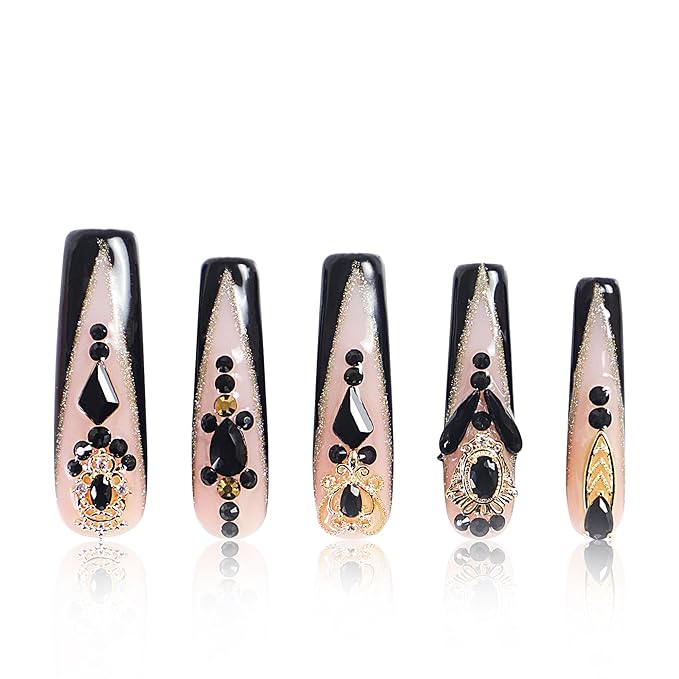 LOVFUL Press on Nails Obsidian Palace Black French Tip| Handmade with Full Covered Crystals| Reusable Fake Nails| Square Mid length 1.7in| H165-M