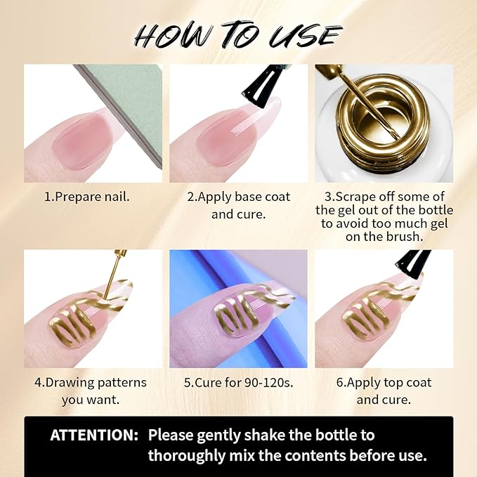 12ml Metallic Painting Gel Liner Nail Art 3D Mirror Chrome Effect Nail Polish Metal Painted Drawing Build in Thin Brush Soak Off UV/LED Gold Striper Gel for Salon Home DIY Manicure