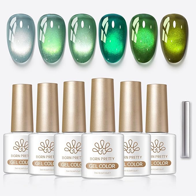 Born Pretty Green Cat Magnetic Eye Gel Nail Polish Jelly Olive Emerald Green Crystal Glass Magnetic Shimmer Glitter Nail Polish Salon Gel Manicure DIY at Home 7ML 6PCS