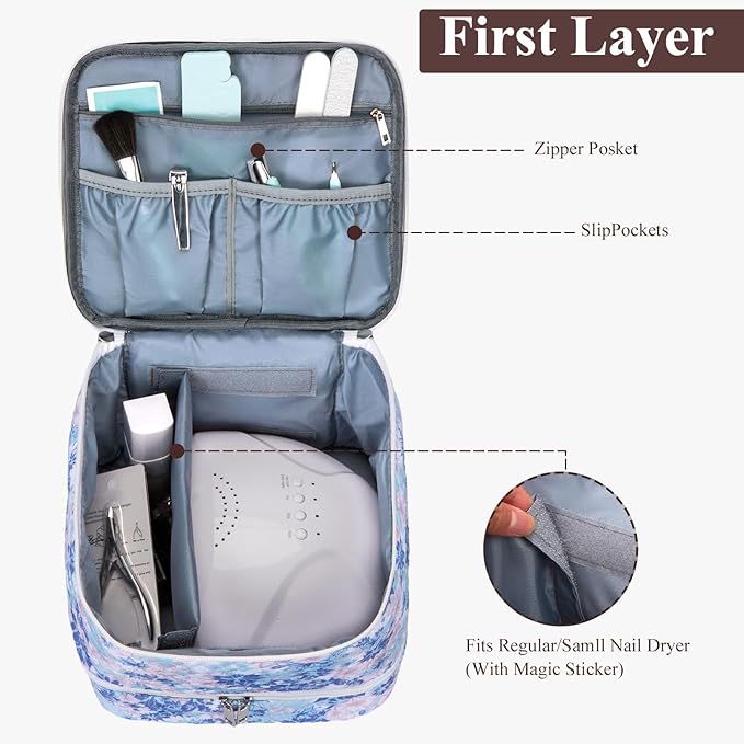 Nail Polish Organizer Aesthetic Nail Organizers and Storage, Bow Nail Supplies Kit Organizer Travel Carrying Case for Manicure Tools (Floral B, 2 Layer)