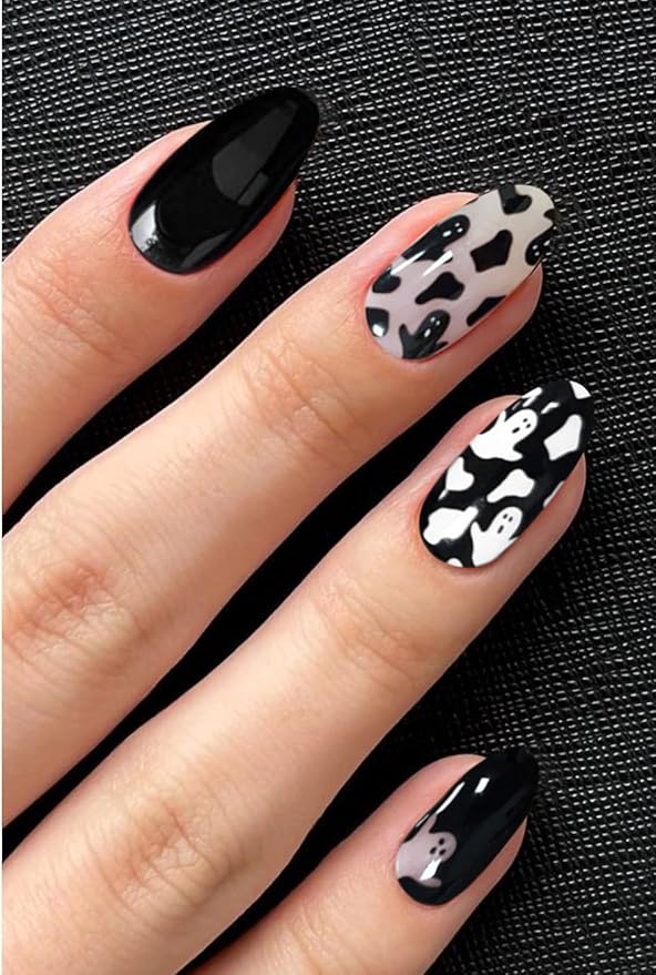 JMEOWIO Gel Nail Stickers Halloween Black White Cute Ghost Semi Cured Gel Nail Strips Wraps UV/LED Nails Art Design Decoration Accessories