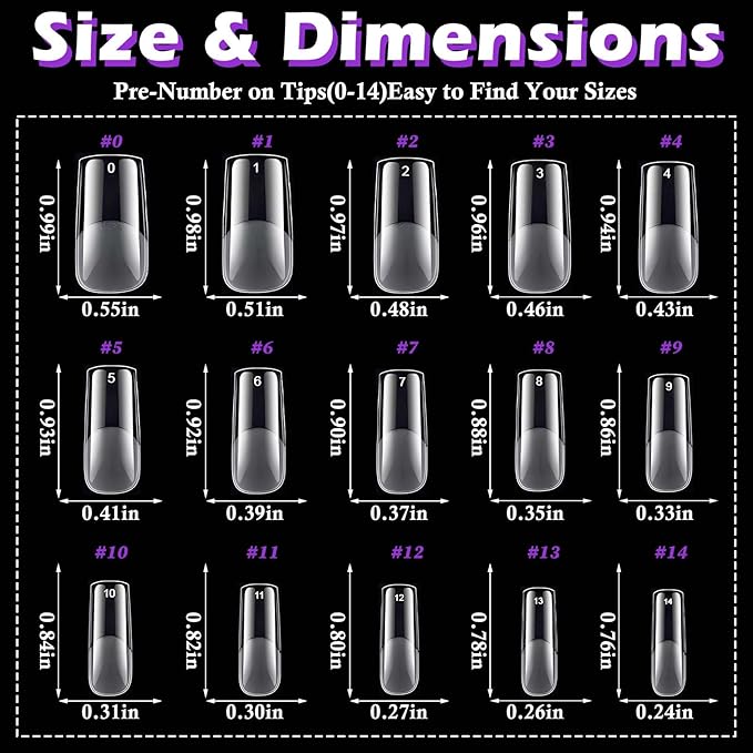 600pc Medium Square Nail Tips, Soft Gel Nail Tip Square Medium Fake Nails Artificial Fingernail, 15 Sizes Full Cover Clear Press on Nail Acrylic Nails Tips for Nail Extensions, Press on Nails Making