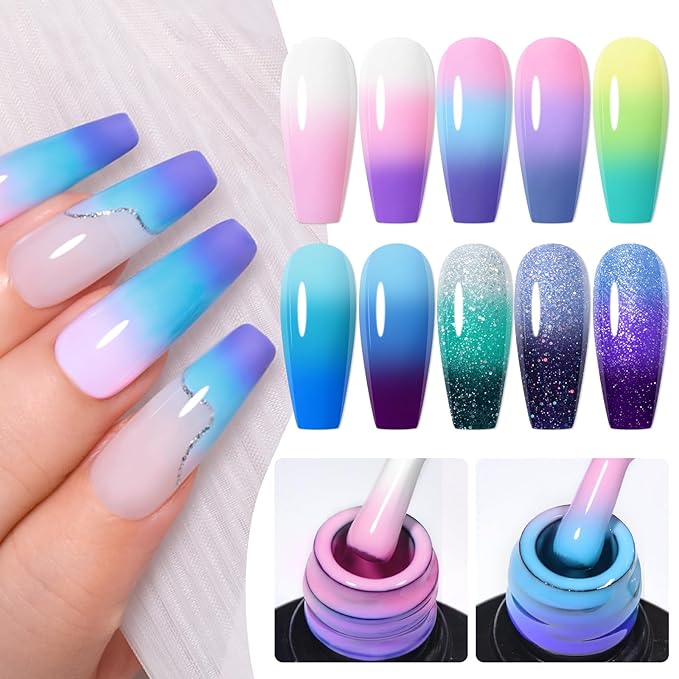 MEET ACROSS 12PCS Color Changing Gel Nail Polish Kit, Temperature Changing Gel Polish Set, Fall Winter Colors Trendy Natural Nail Art Manicure Gel Polish For Salon And Home DIY