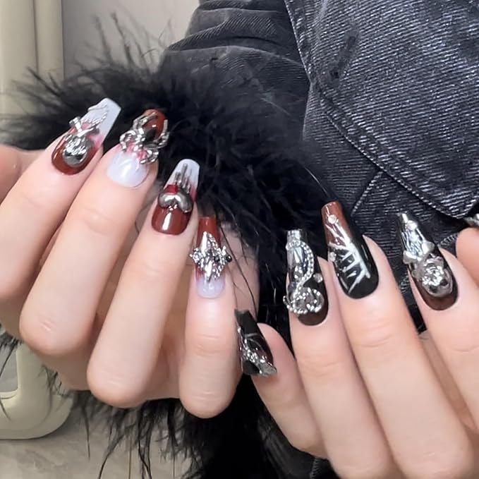 Luxury Halloween Press on Nails Medium Coffin Handmade 3D Unique Reusable ABS Material Fake Nails Gothic False Nails with Designs Spider Skull Charms Glossy Glue on Nail Thick Acrylic Nail(M)
